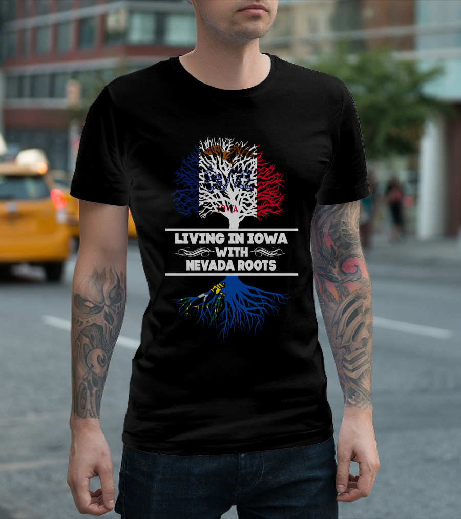 Iowa State Flag Tree with Nevada Roots Text T-Shirt