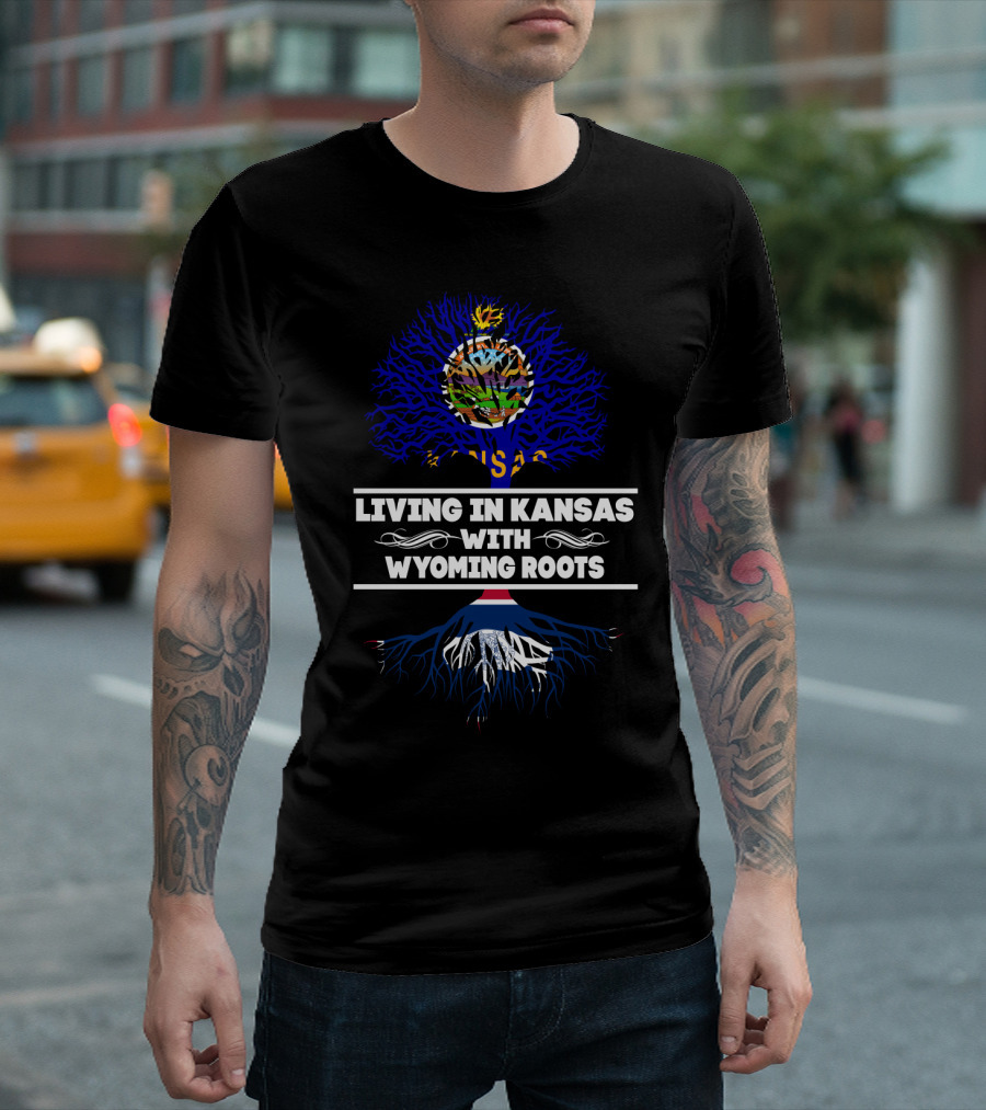 Kansas State Emblem on Blue Tree with Wyoming Flag Roots Connection T-Shirt