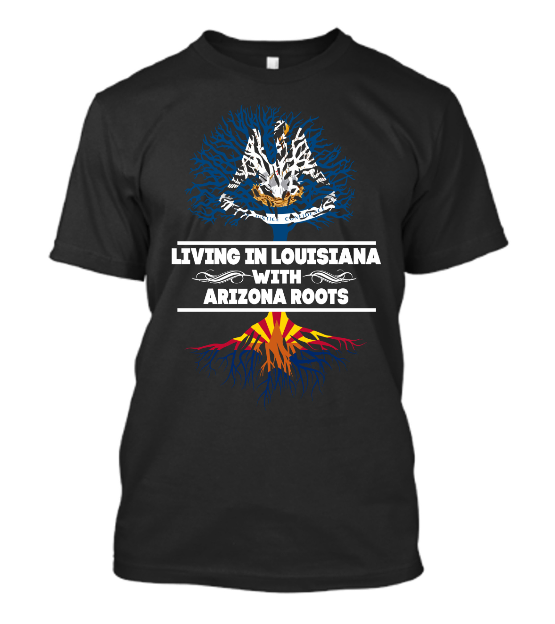 Living In Louisiana With ARIZONA Roots Louisiana State Bird Pelican And Arizona Flag Colors Tree T-Shirt