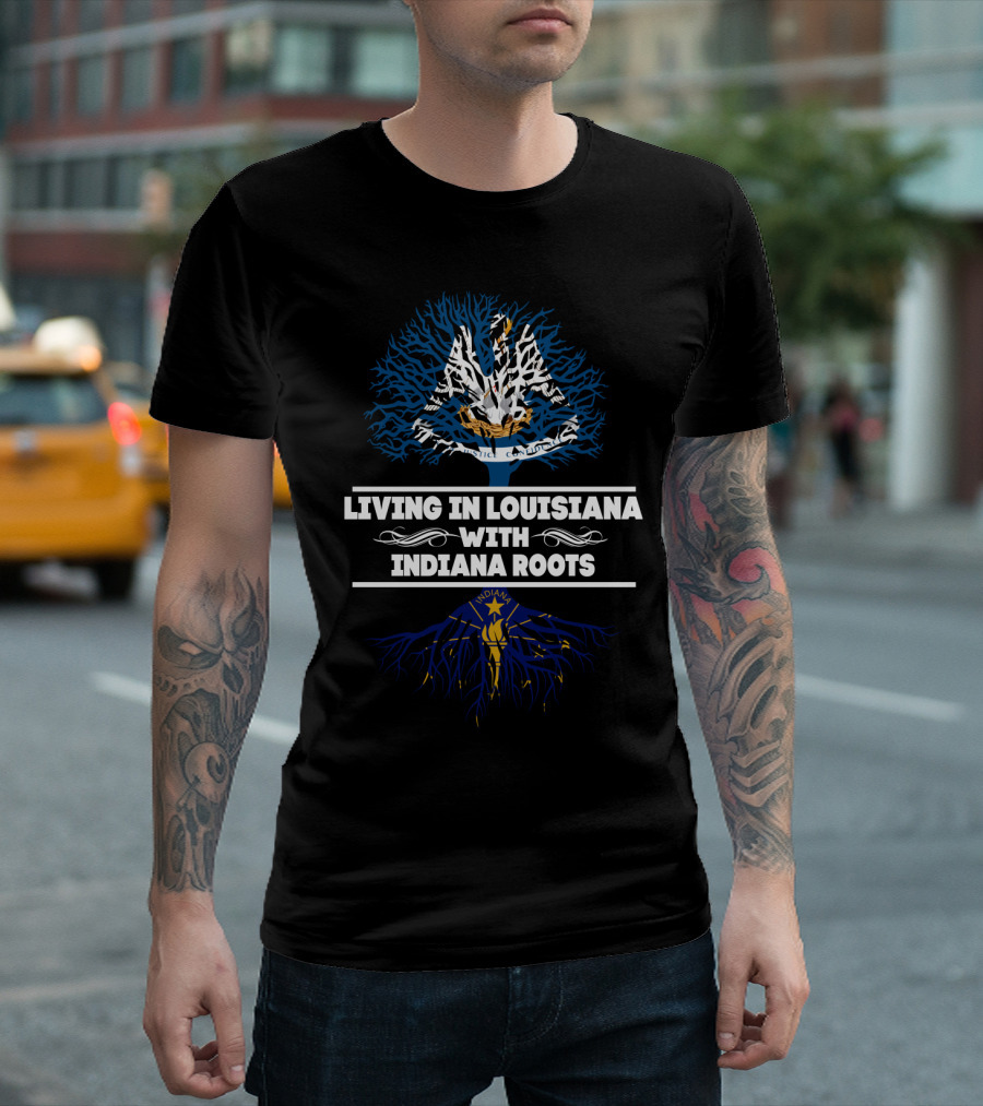 Living in Louisiana with Indiana Roots - Louisiana Pelican and Indiana Torch Symbols T-Shirt