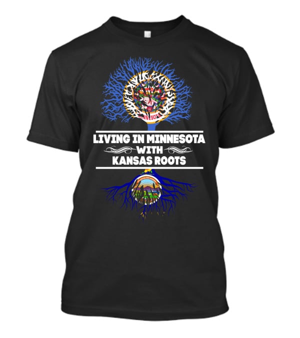 Minnesota Living With Deep Kansas Roots Featuring State Flags And Tree Symbolism T-Shirt