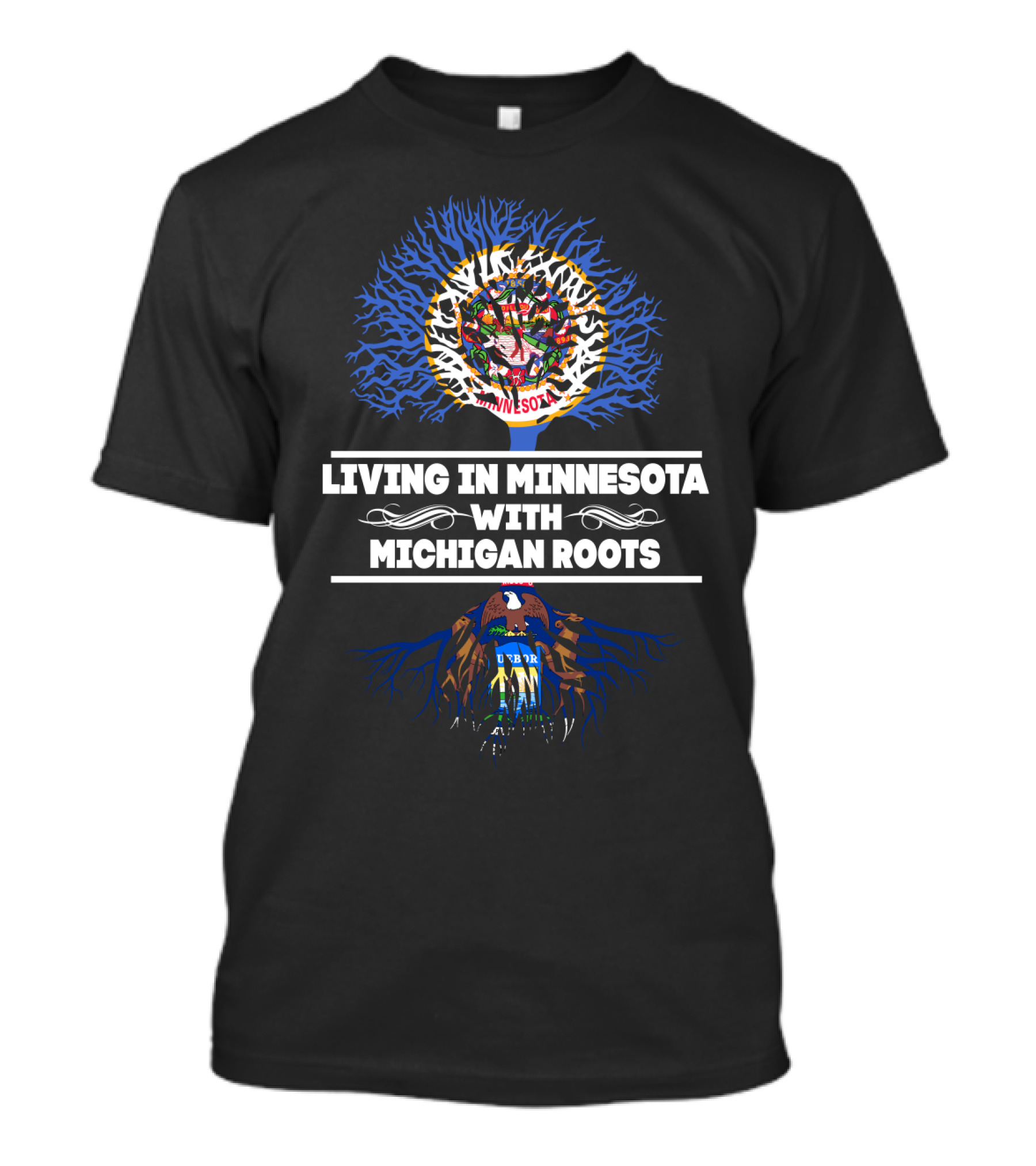 Living In Minnesota With Michigan Roots Tree Graphic Featuring State Symbols T-Shirt