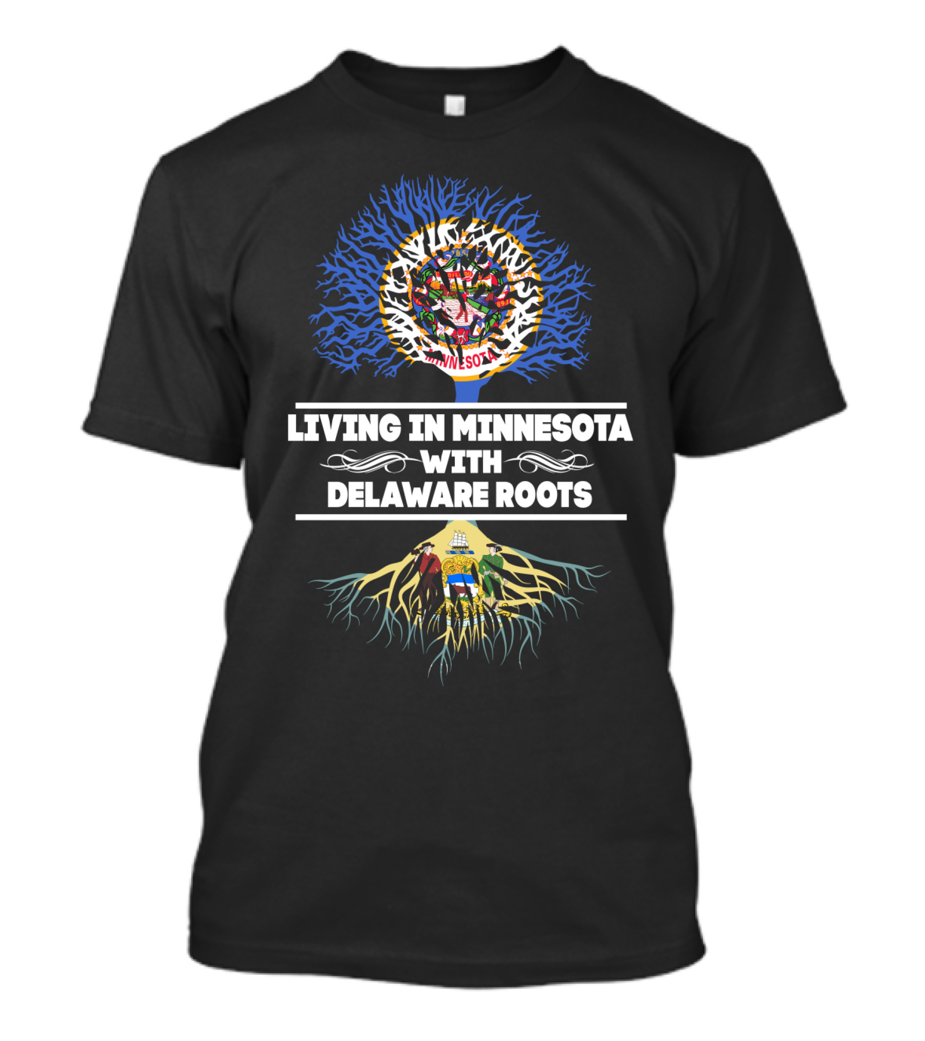Minnesota Living With Deep Delaware Roots Tree Design Featuring State Symbols T-Shirt