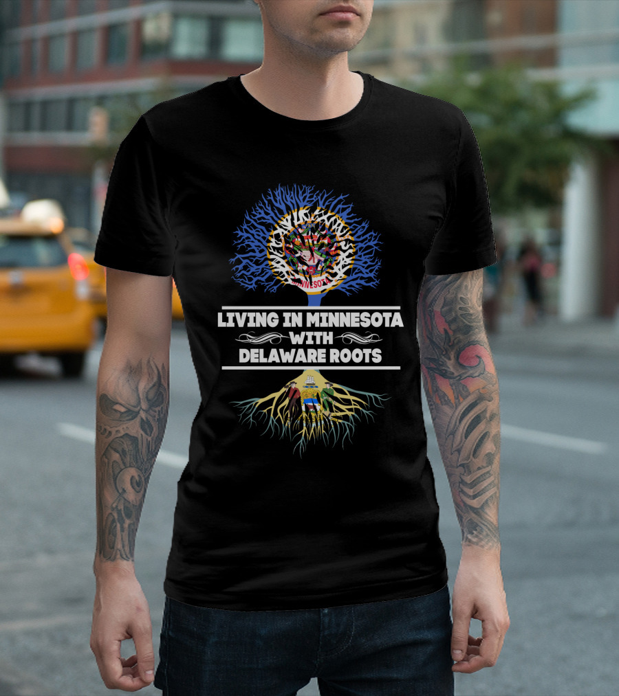 Minnesota Living With Deep Delaware Roots Tree Design Featuring State Symbols T-Shirt