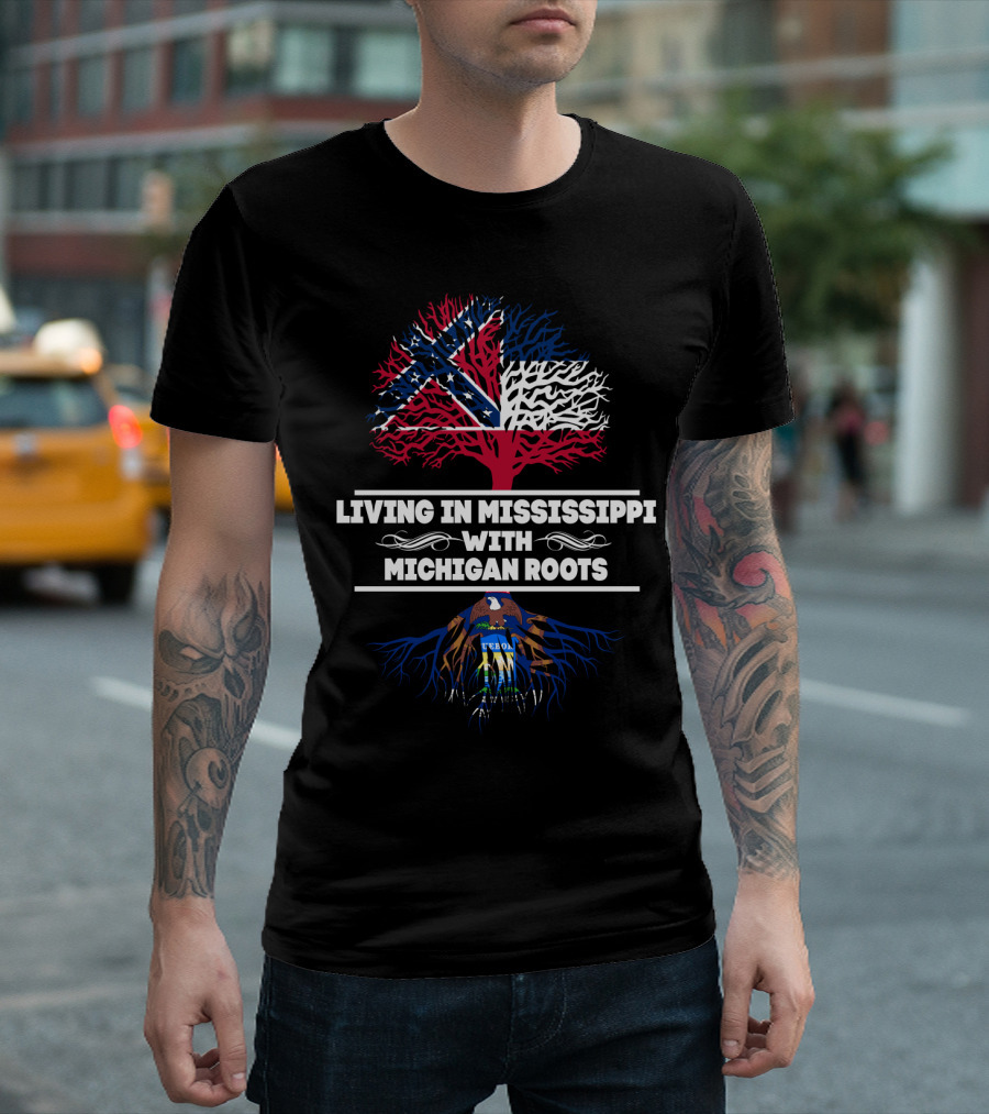 Mississippi Flag Tree Overlay with Blue and Brown Michigan Roots T-Shirt