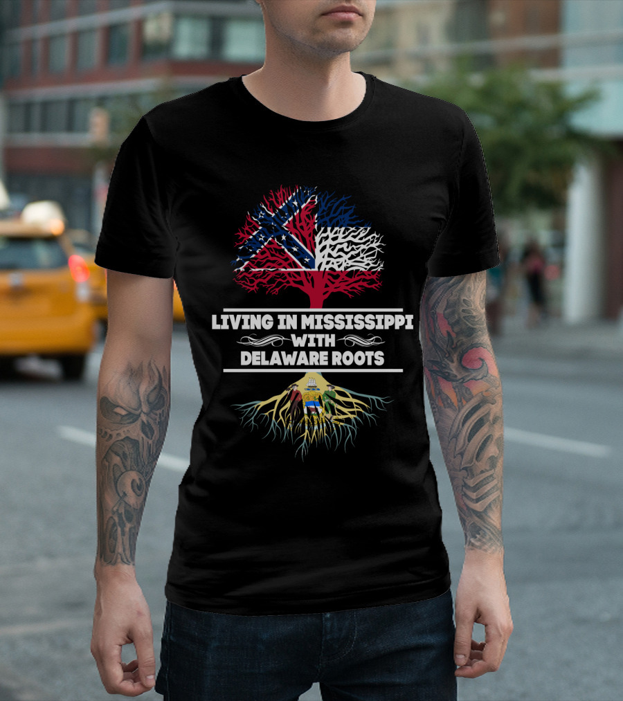 Living In Mississippi With Delaware Roots Confederate And Delaware Flags Tree T-Shirt