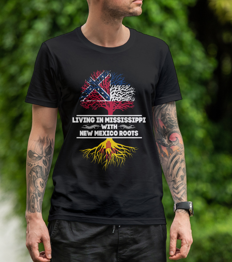 Living In Mississippi With New Mexico Roots Confederate Flag And Zia Sun Symbol Tree T-Shirt
