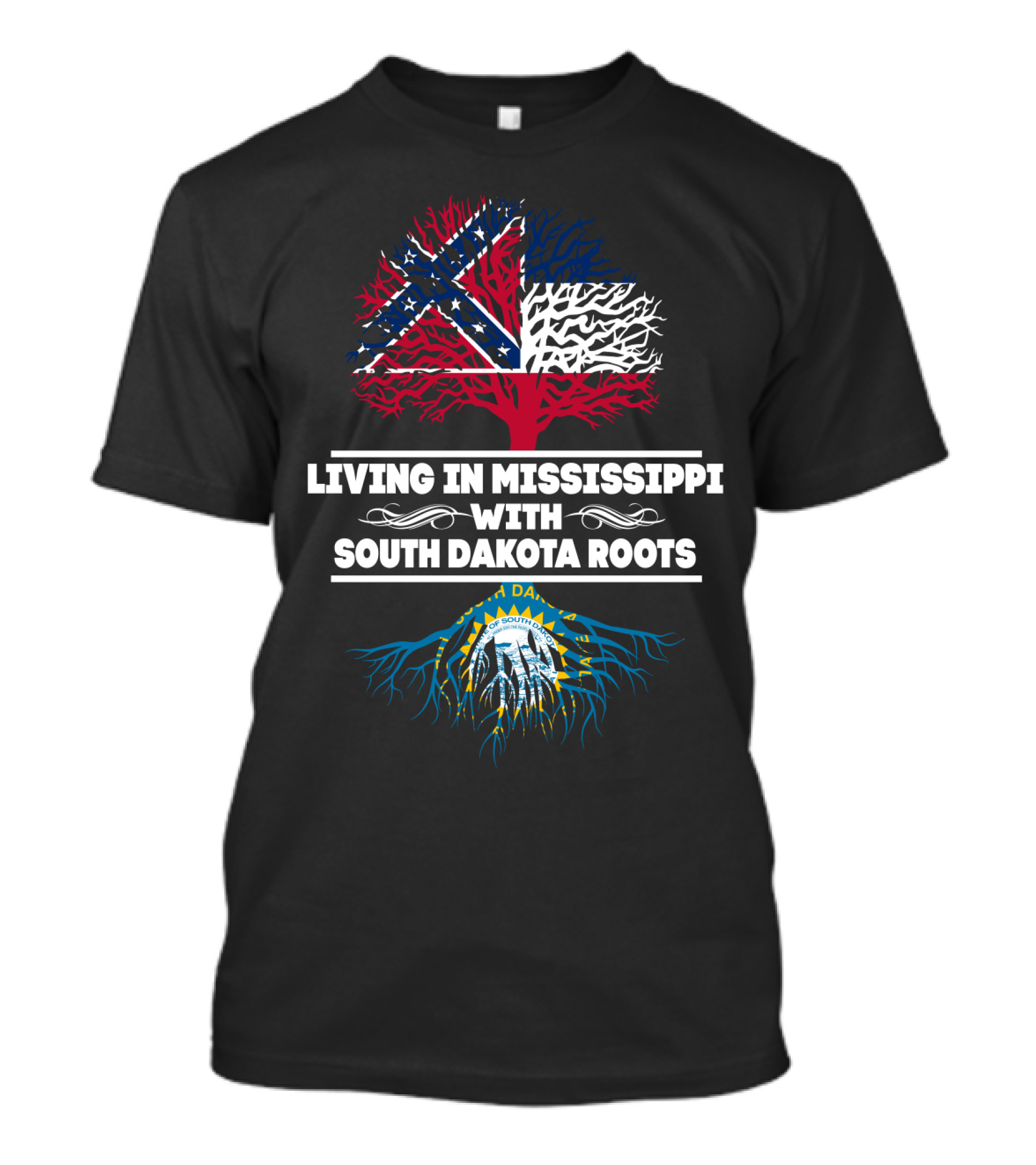 Living In Mississippi Confederate Flag Tree With South Dakota Blue Roots Seal T-Shirt