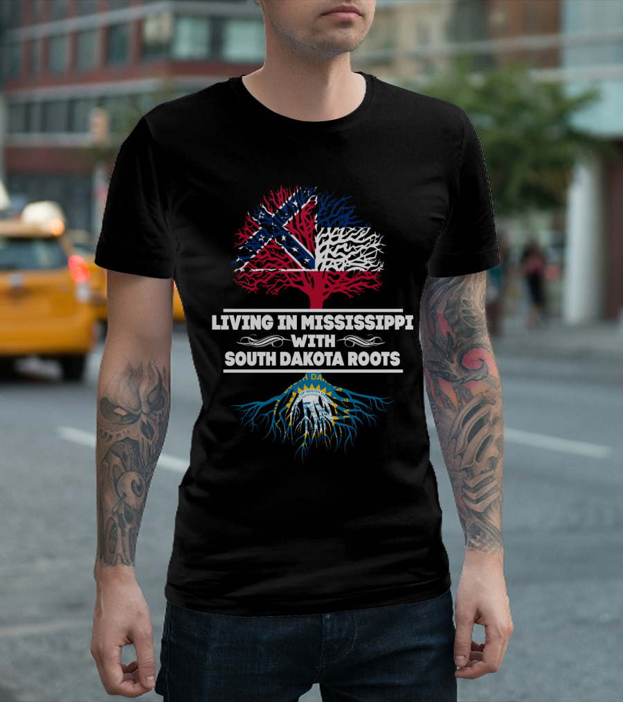 Living In Mississippi Confederate Flag Tree With South Dakota Blue Roots Seal T-Shirt