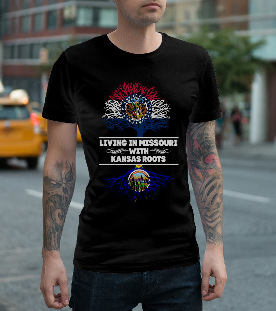 Living in Missouri Embracing Kansas Roots with State Seals and Tree T-Shirt