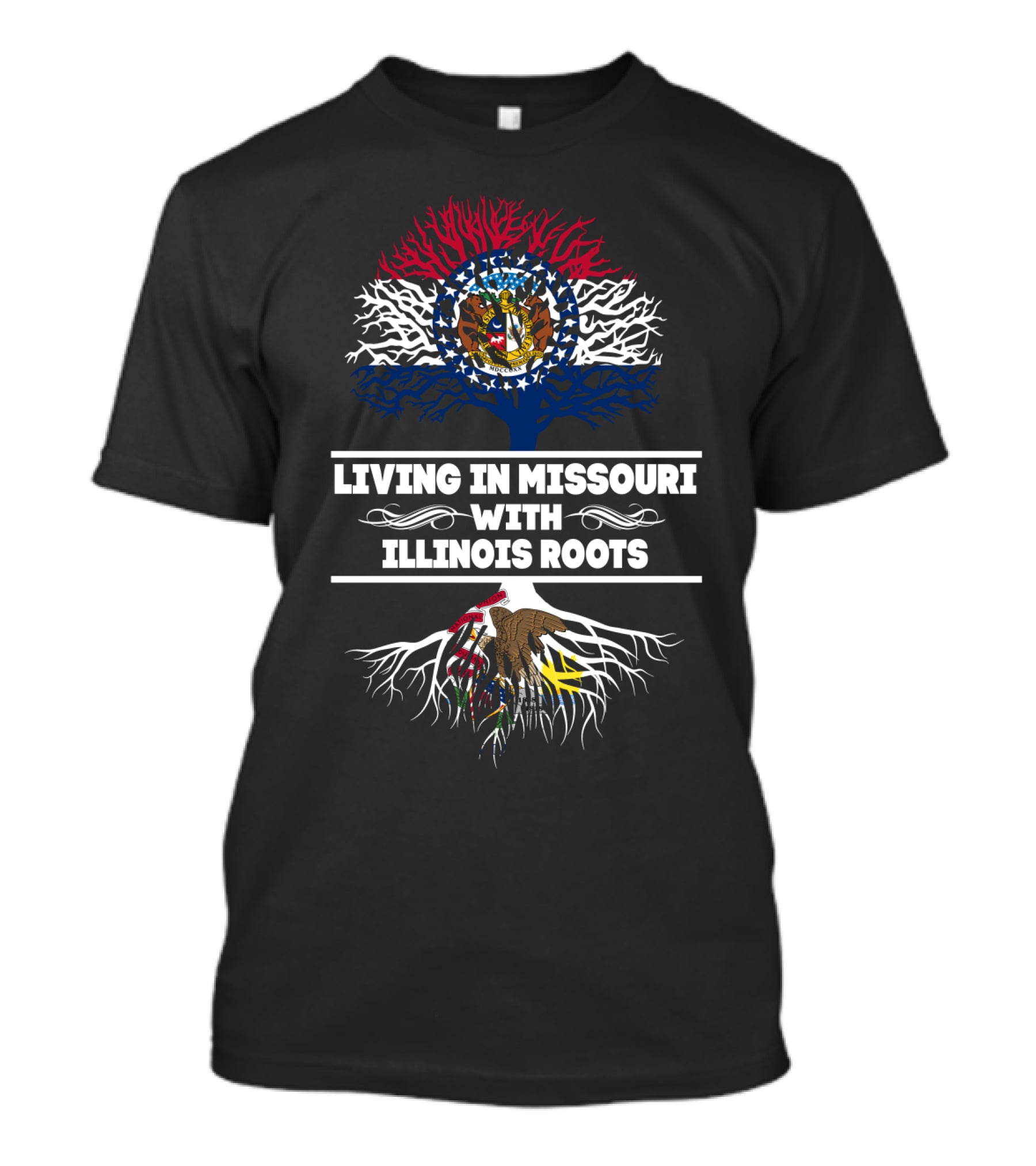 Missouri Living Illinois Roots With State Flags And Symbolic Tree T-Shirt