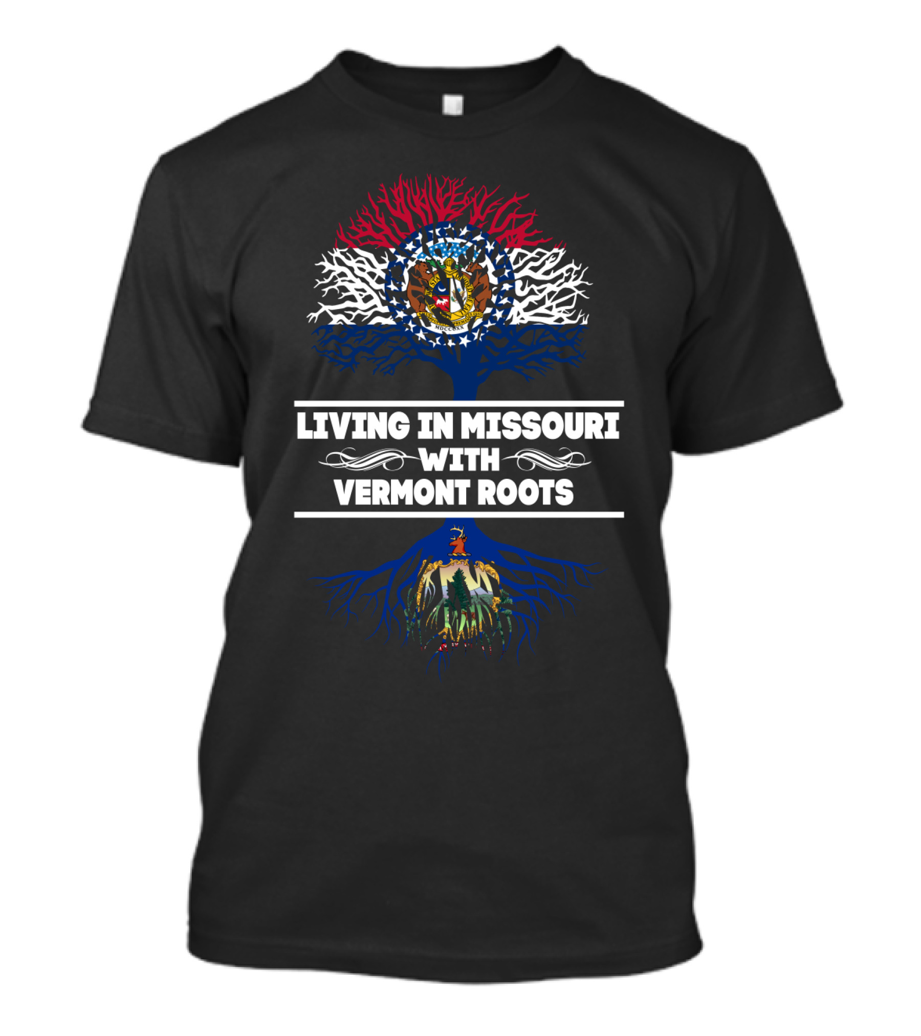Missouri And Vermont State Pride Emblem Featuring Dual Tree Roots And State Seals T-Shirt