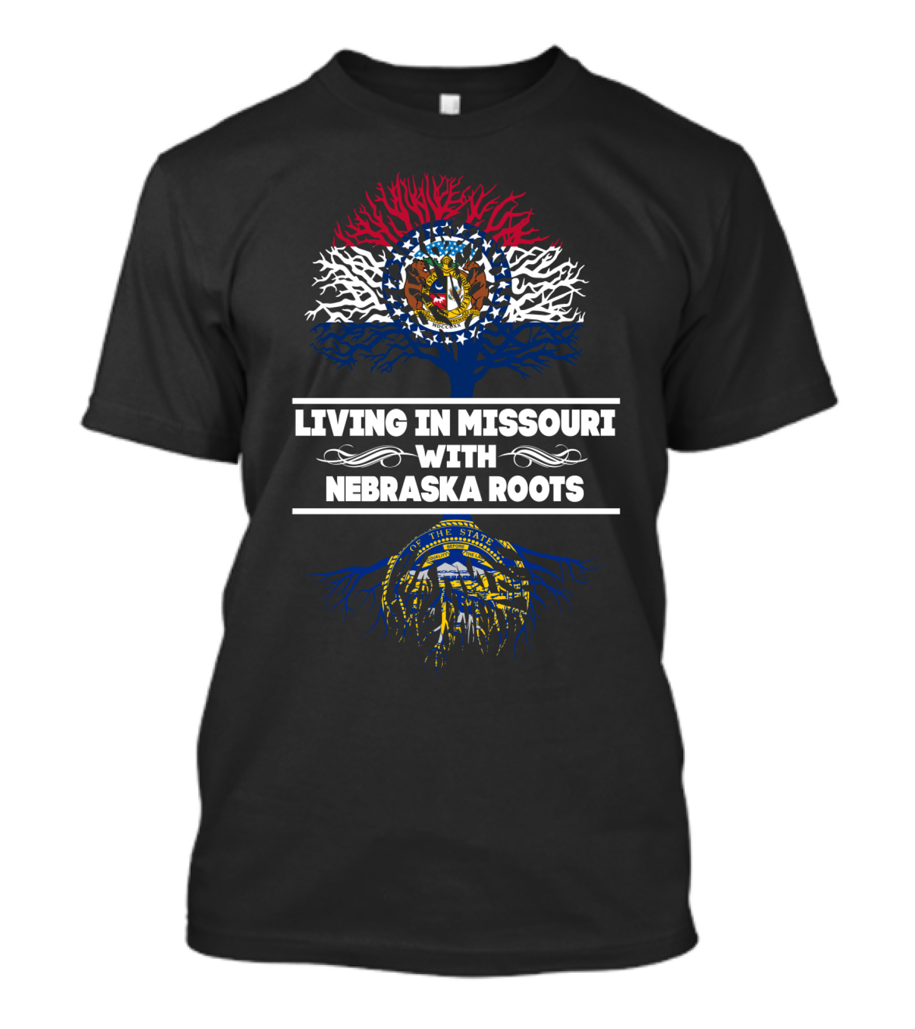Missouri Living With Nebraska Roots Featuring State Flags As Trees T-Shirt