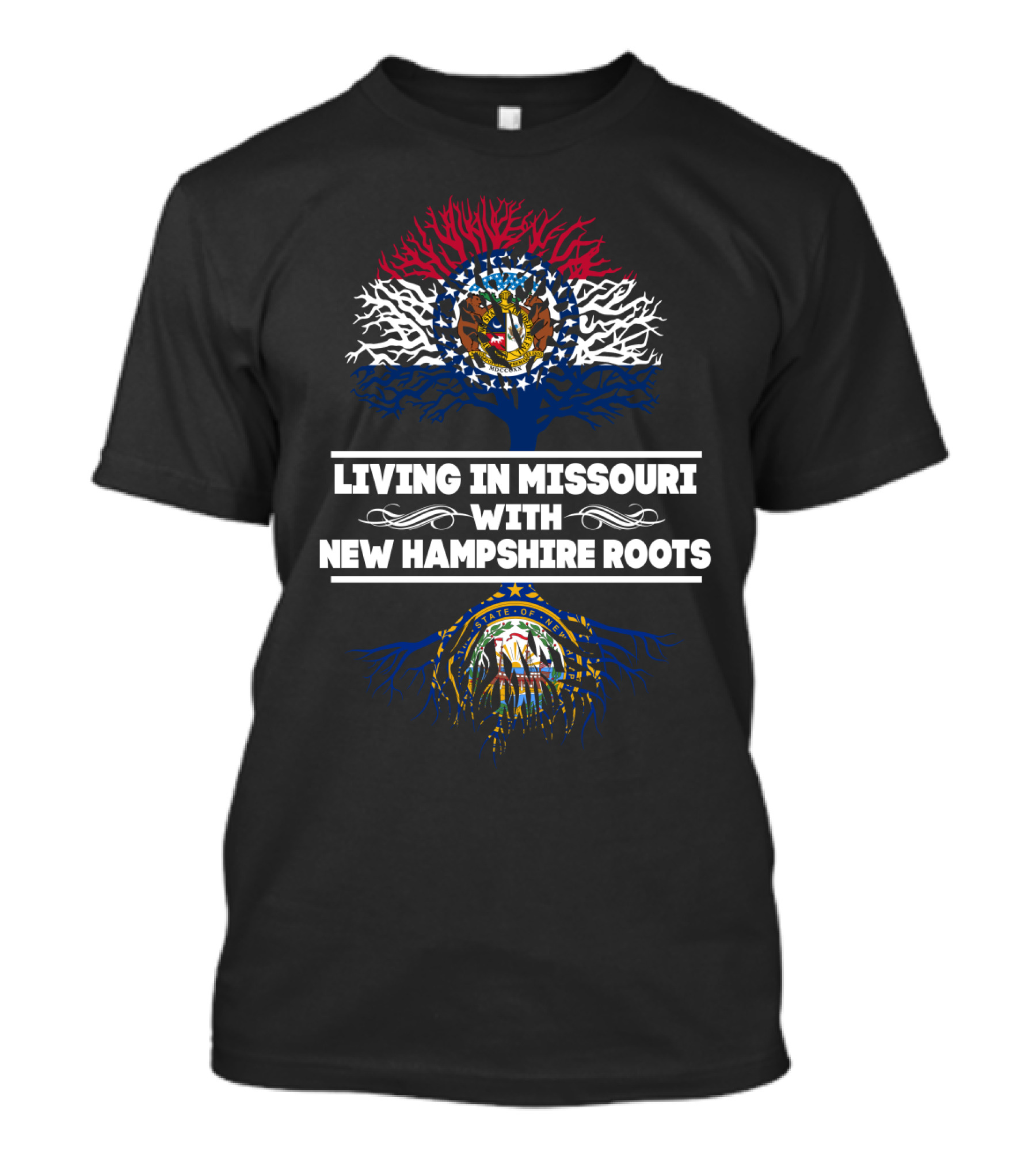 Missouri And New Hampshire Connection With Dual State Seals And Tree Roots T-Shirt