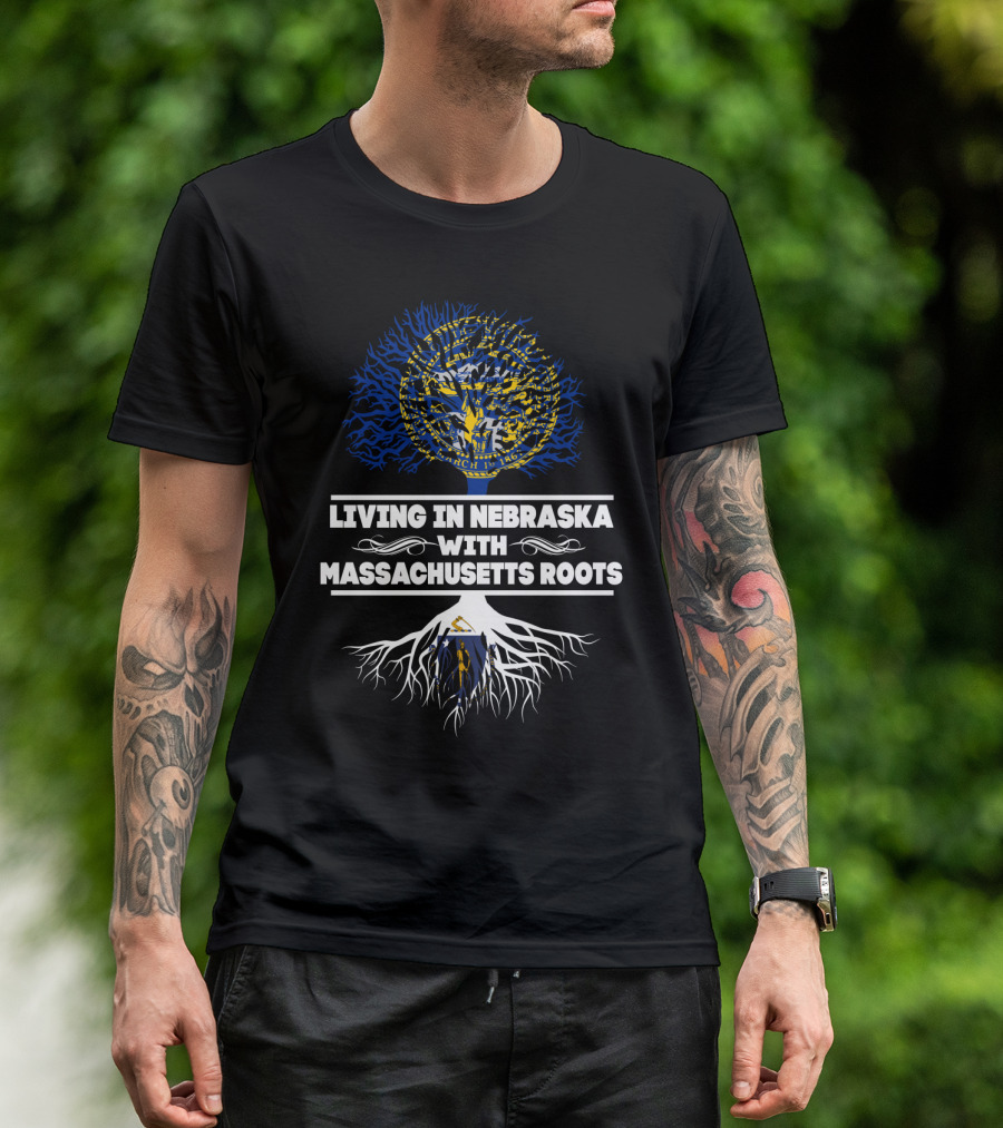Nebraska Living With Massachusetts Roots Featuring State Seals And Tree T-Shirt