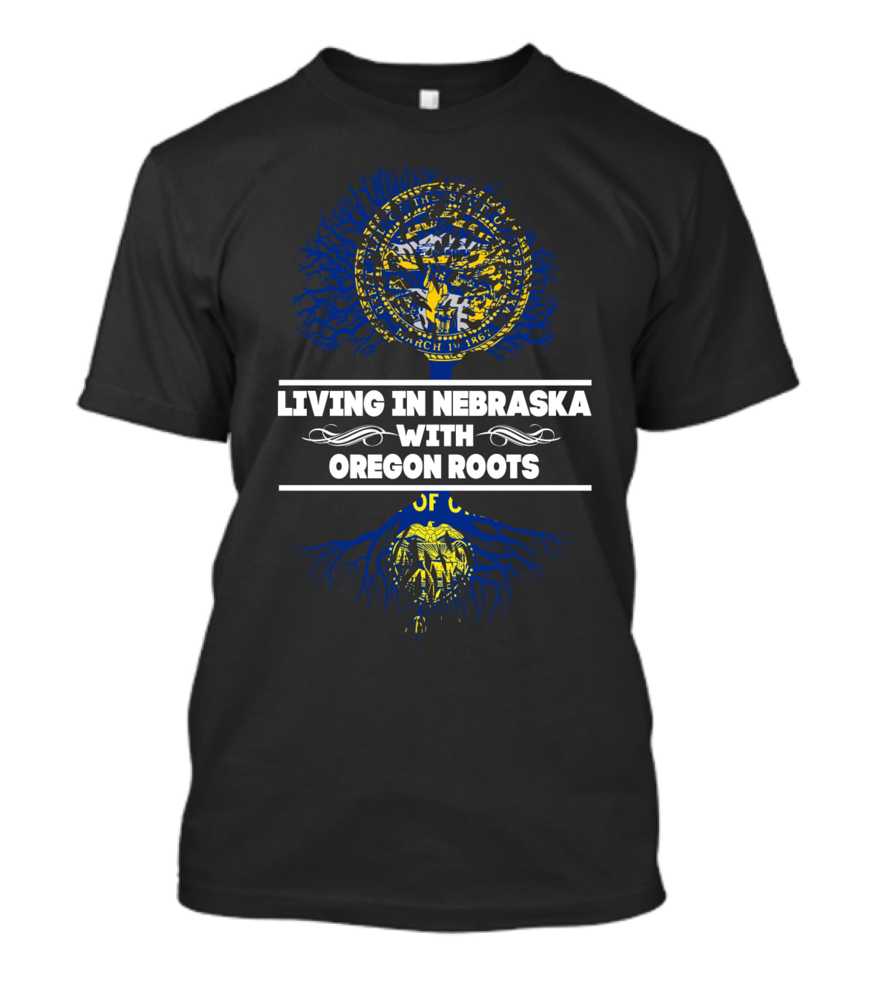 Living In Nebraska With Oregon Roots State Seal Tree T-Shirt