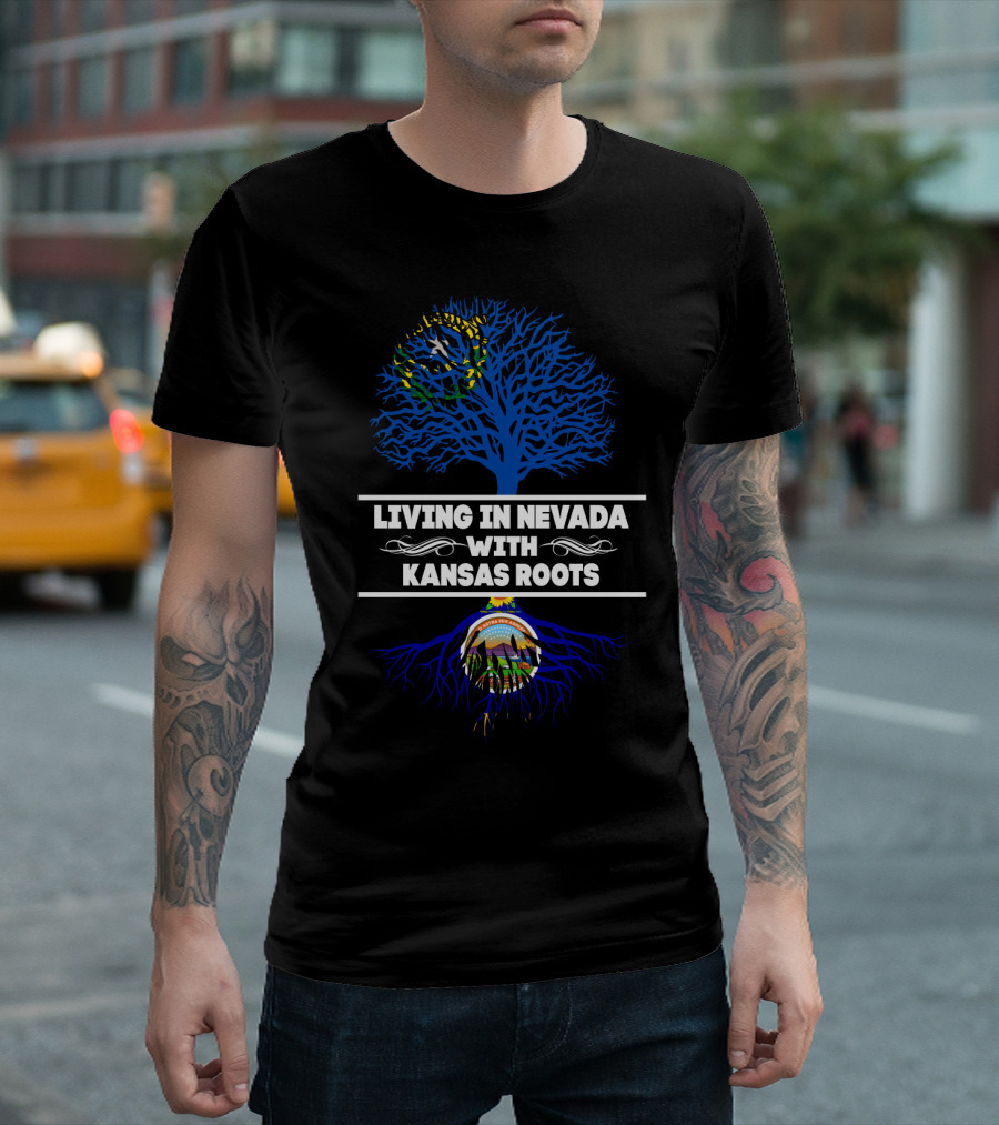 Living In Nevada With Kansas Roots Flag Tree And State Seal Elements T-Shirt