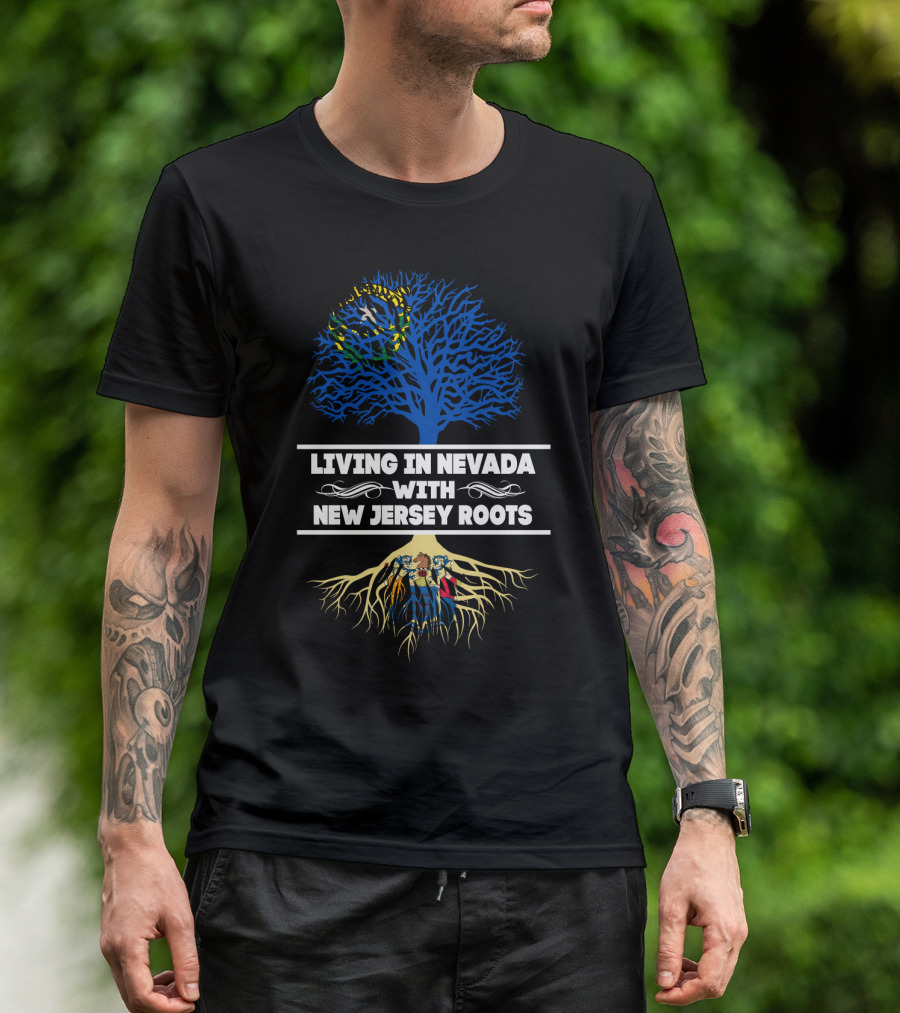 Living In Nevada With New Jersey Roots Blue And Yellow Tree With People Entwined In Roots T-Shirt