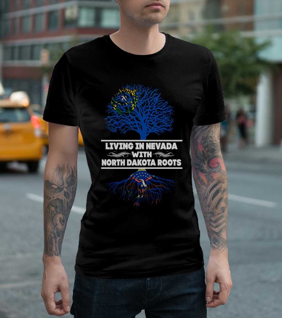 Living in Nevada With North Dakota Roots Blue Tree Design Featuring State Emblems T-Shirt