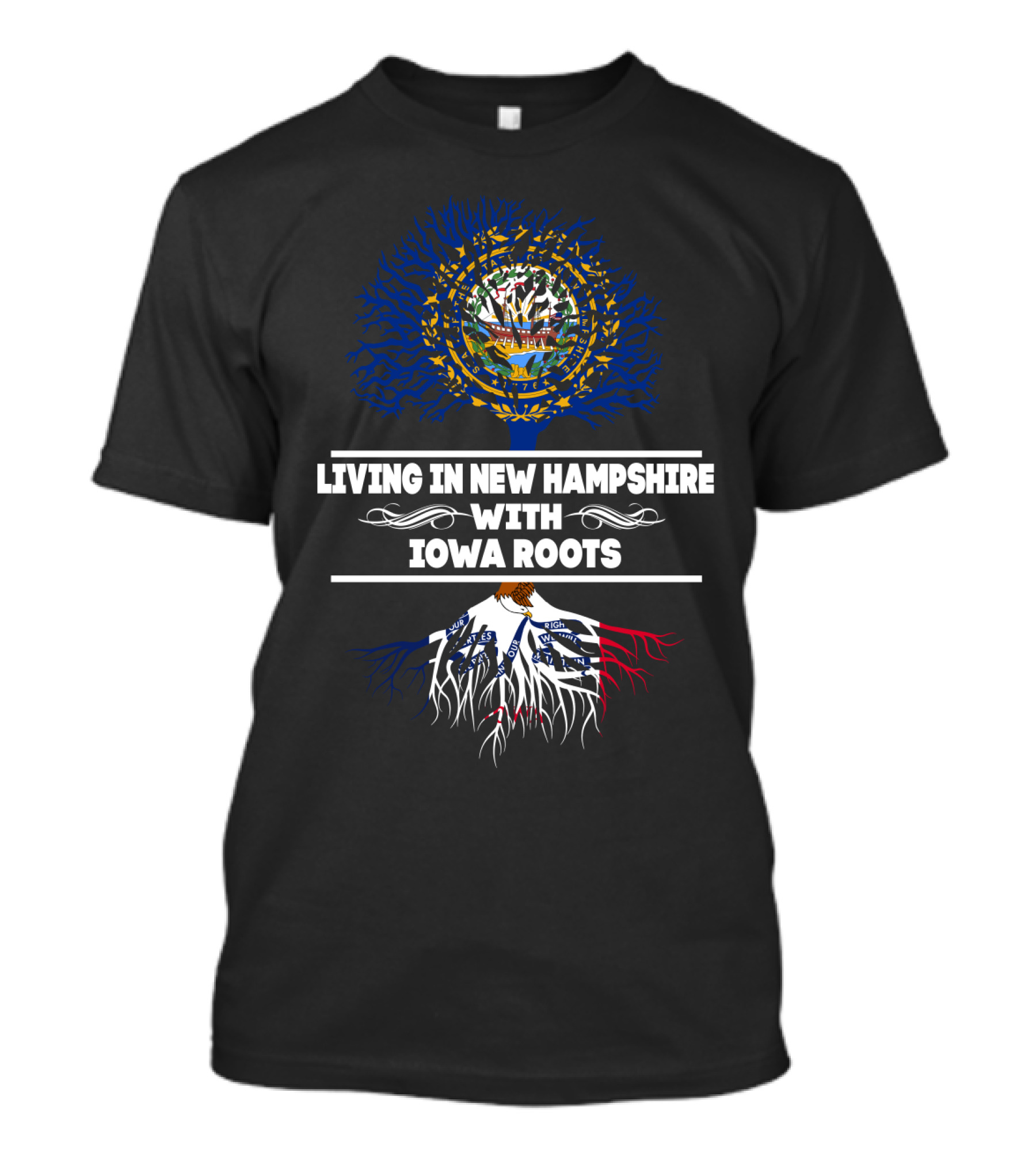 New Hampshire And Iowa Connection Featuring State Flags And Tree Roots T-Shirt