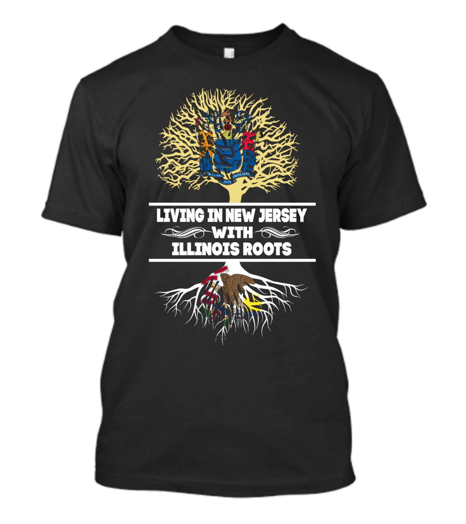 Living In New Jersey With Illinois Roots Tree Graphic Featuring State Flags T-Shirt