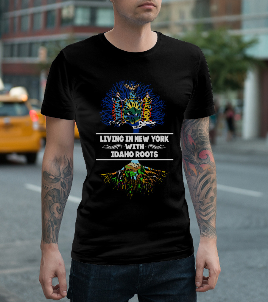 Living in New York Embracing Idaho Roots with State Coat Tree T-Shirt