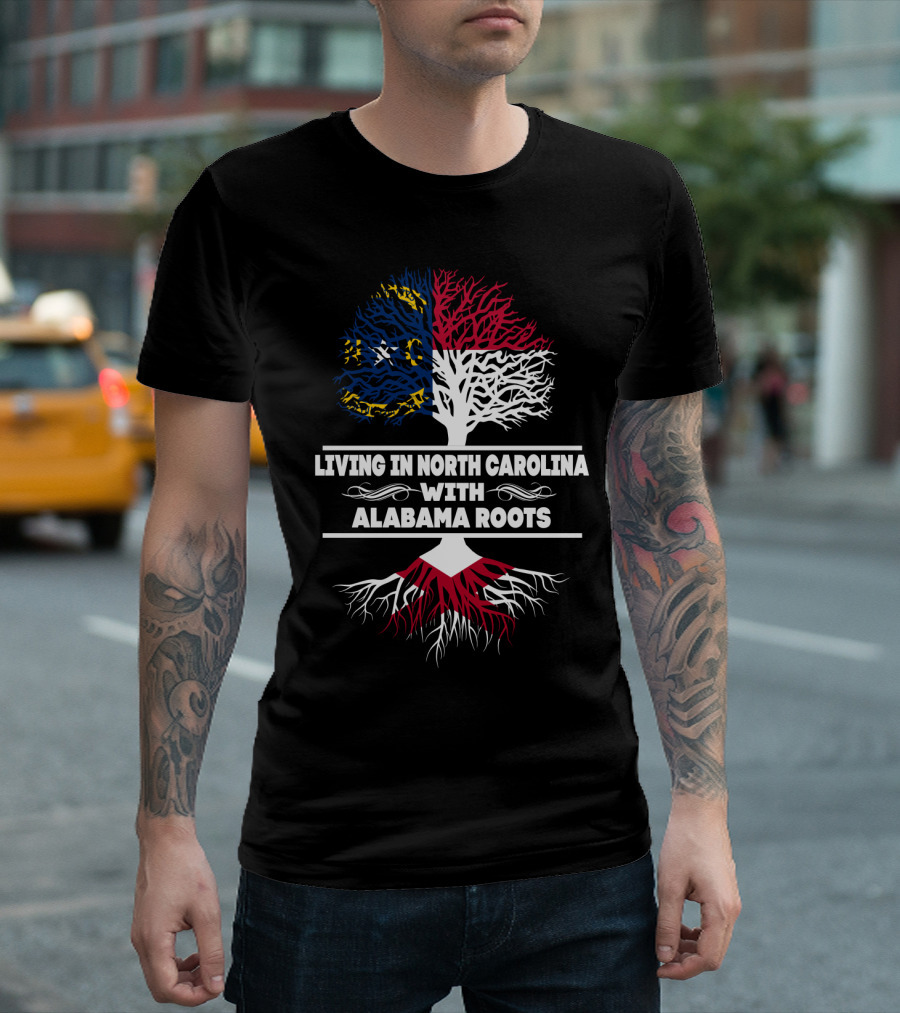 Living in North Carolina with Alabama Roots Tree Design with State Flag Colors T-Shirt