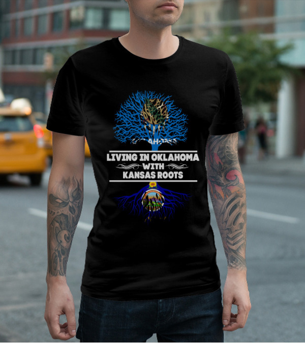 Living In Oklahoma With Kansas Roots Tree Design Featuring State Symbols T-Shirt