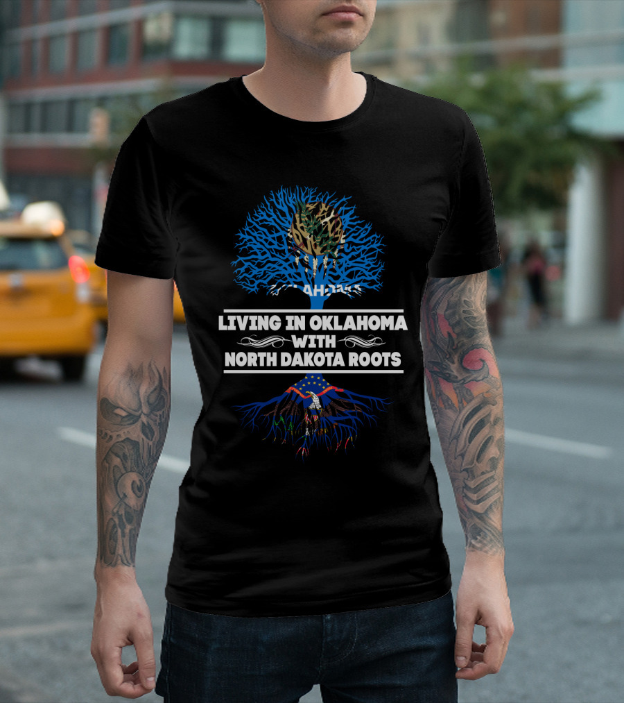 Living in Oklahoma With North Dakota Roots and Blue Tree with Bald Eagle Image T-Shirt