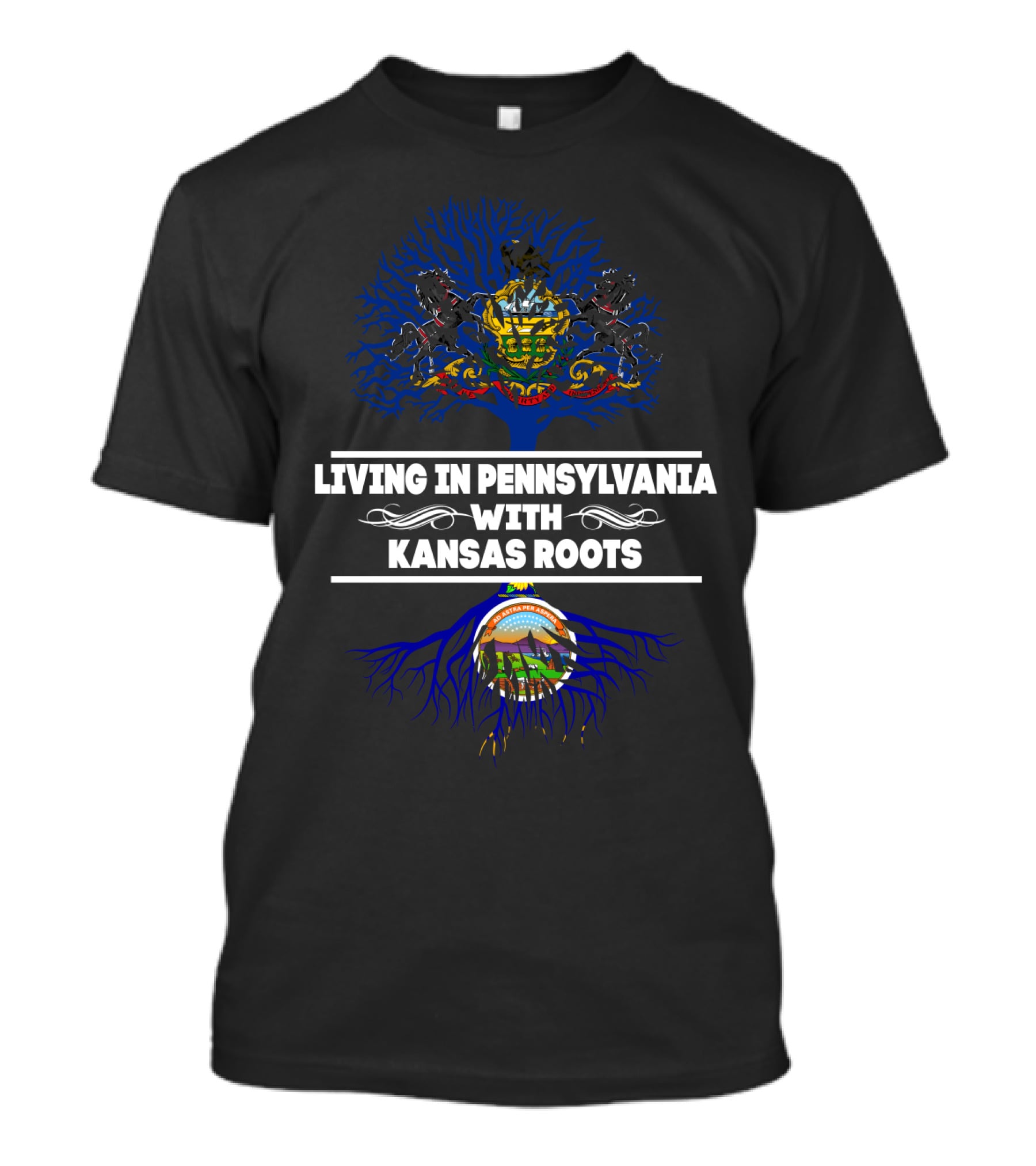 Pennsylvania Living Kansas Roots With Blue Tree And State Symbols T-Shirt