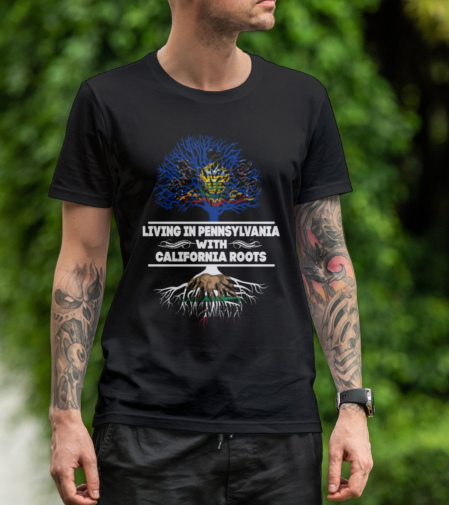 Pennsylvania Pride With California Tree Emblem Roots In Blue And Brown T-Shirt