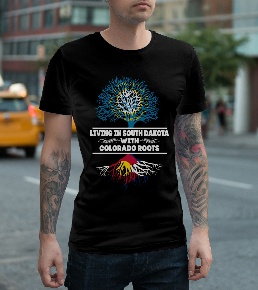Living In South Dakota With Colorado Roots Tree With Nature Motif And Colorado Flag Colors T-Shirt
