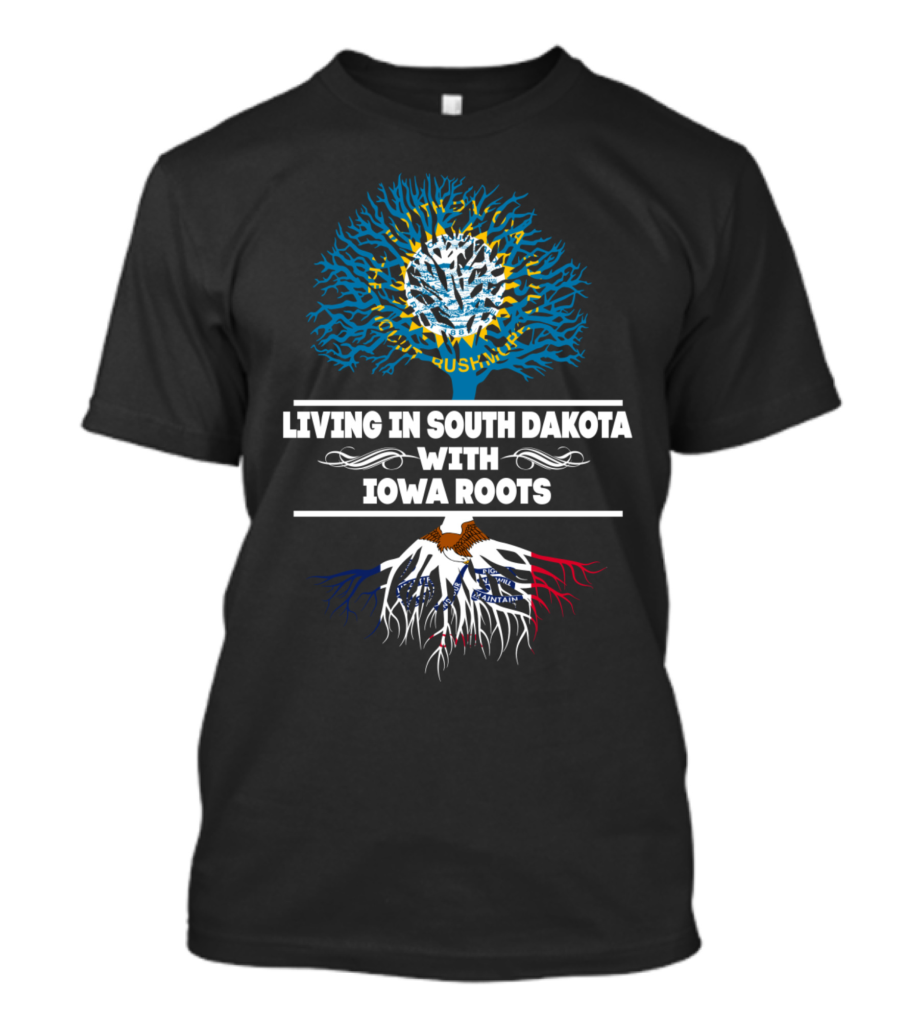 Living In South Dakota With Iowa Roots Tree Design Featuring State Flags And United States Map Elements T-Shirt