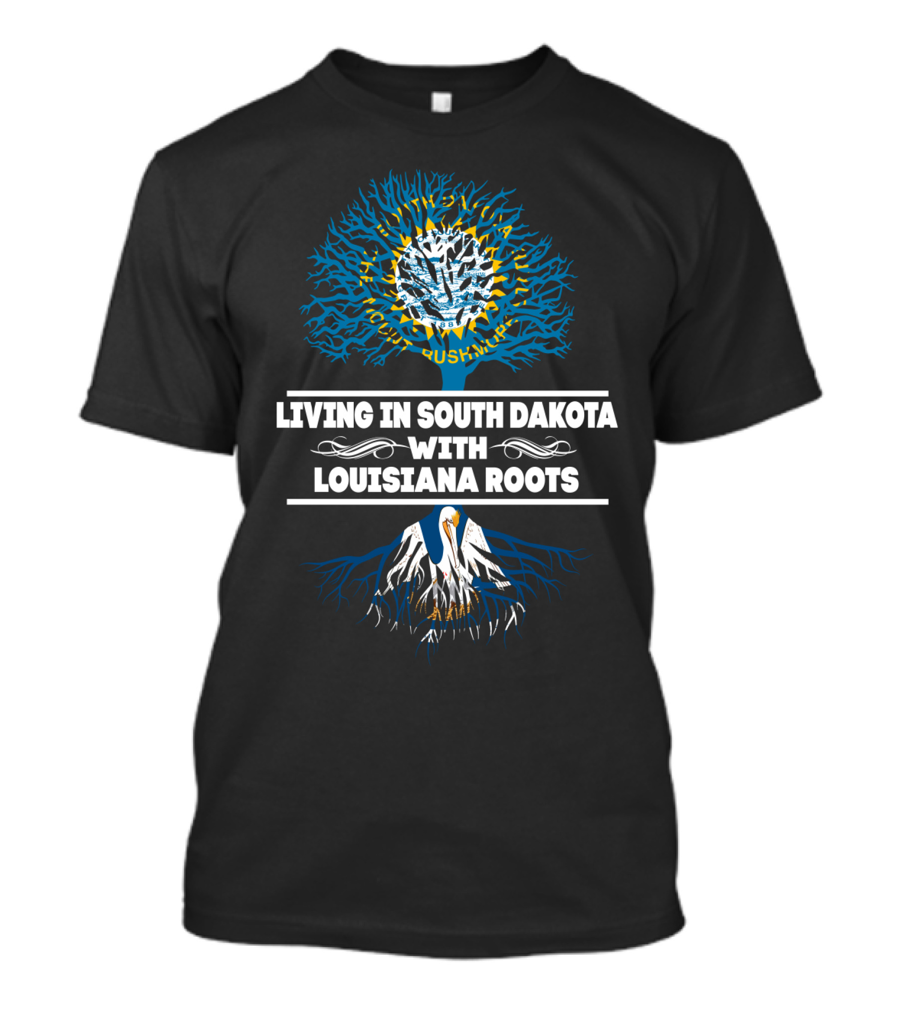 Living In South Dakota With Louisiana Roots Tree Design Featuring Pelican And Sun Elements T-Shirt