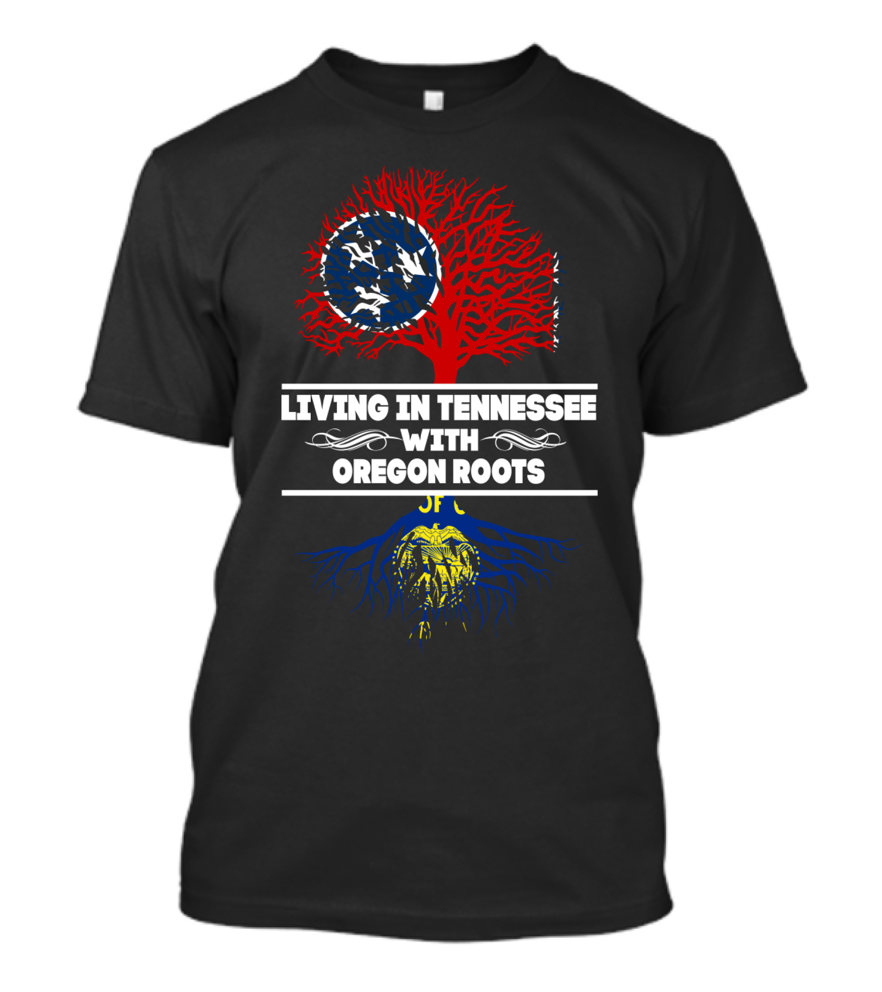Living In Tennessee With Oregon Roots Tree Design Featuring State Symbols T-Shirt