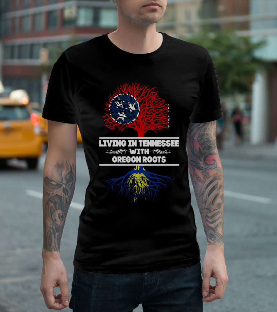 Living In Tennessee With Oregon Roots Tree Design Featuring State Symbols T-Shirt