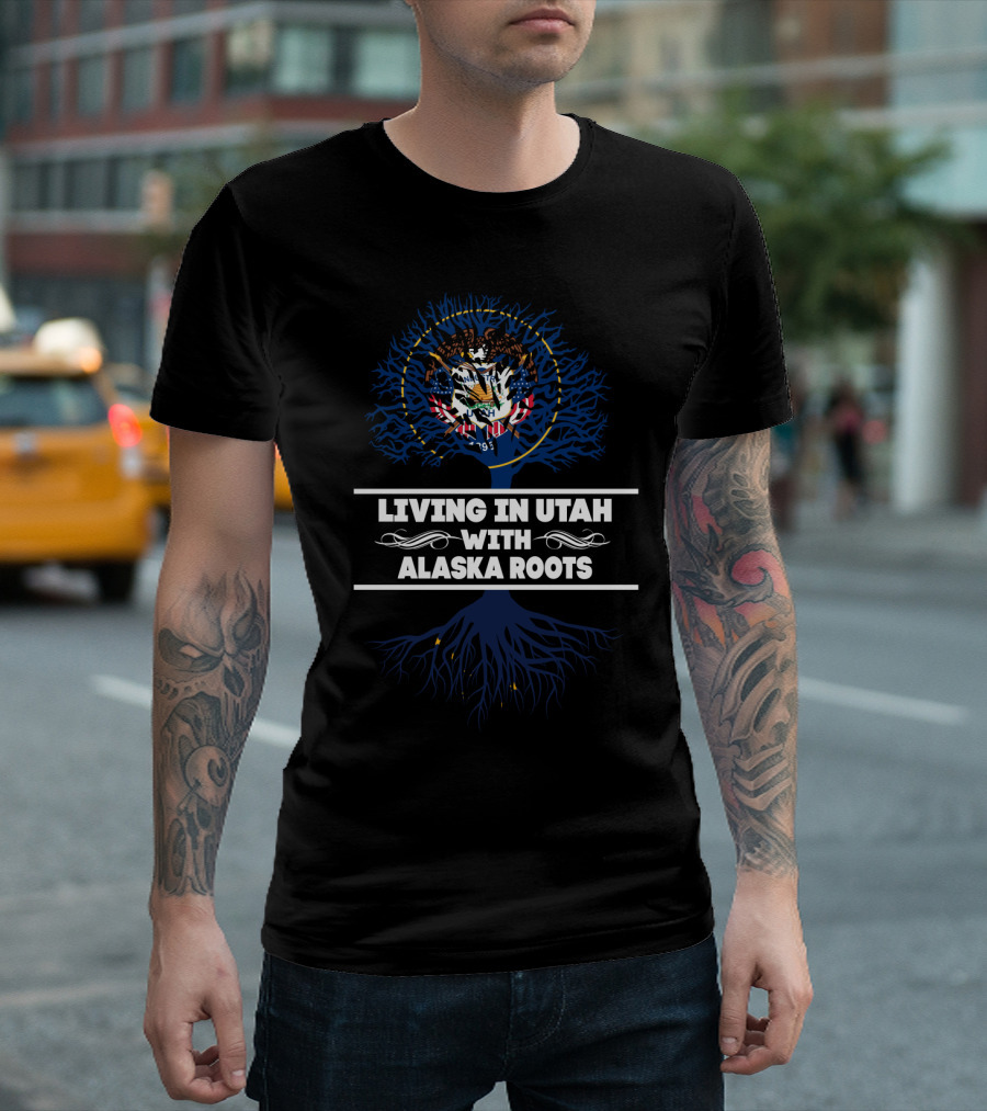 Utah State Emblem Over Blue Alaska Root Tree Living in Utah With ALASKA Roots T-Shirt