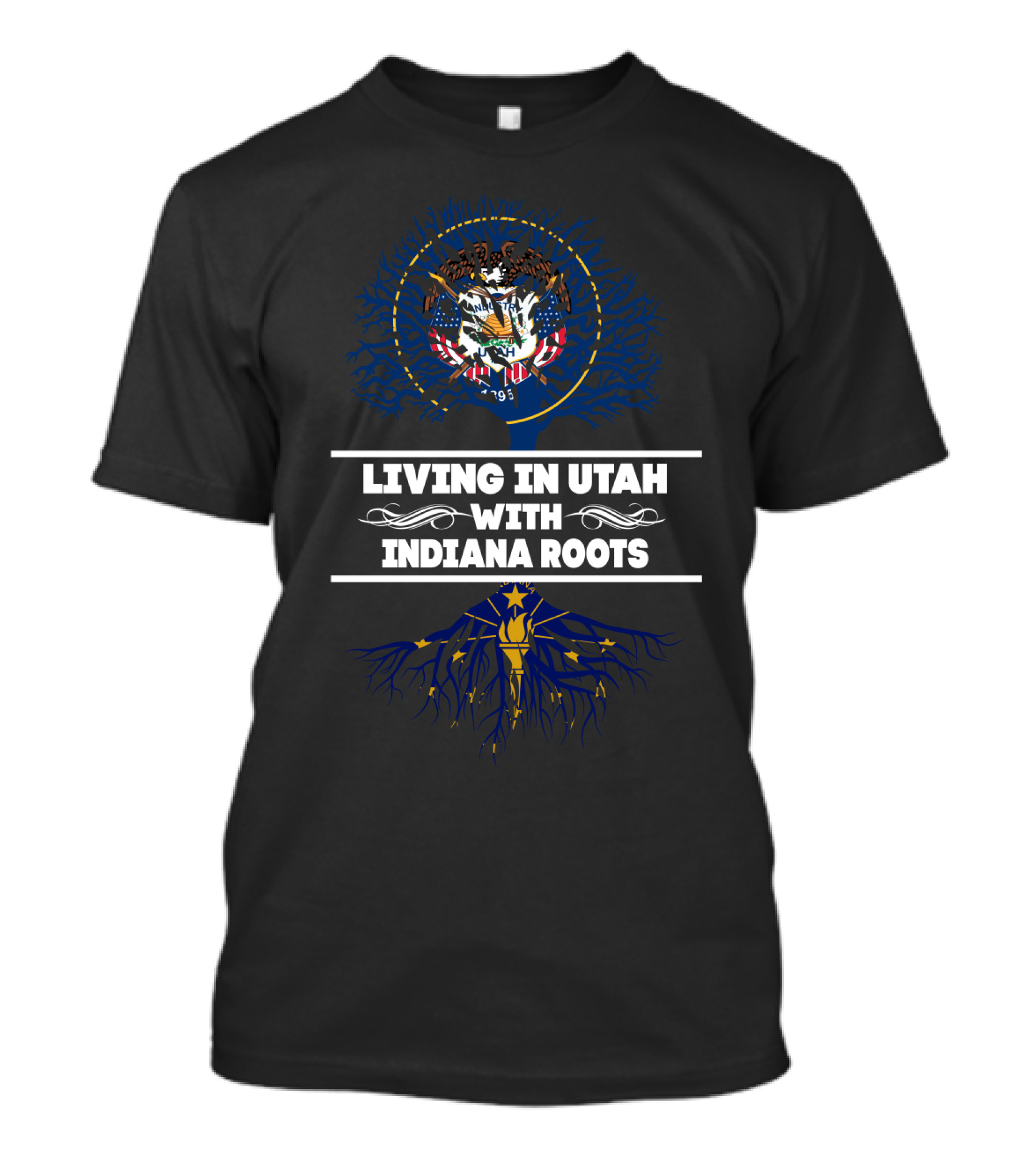 Living In Utah With Indiana Roots Featuring Utah State Seal And Indiana Tree Emblem T-Shirt
