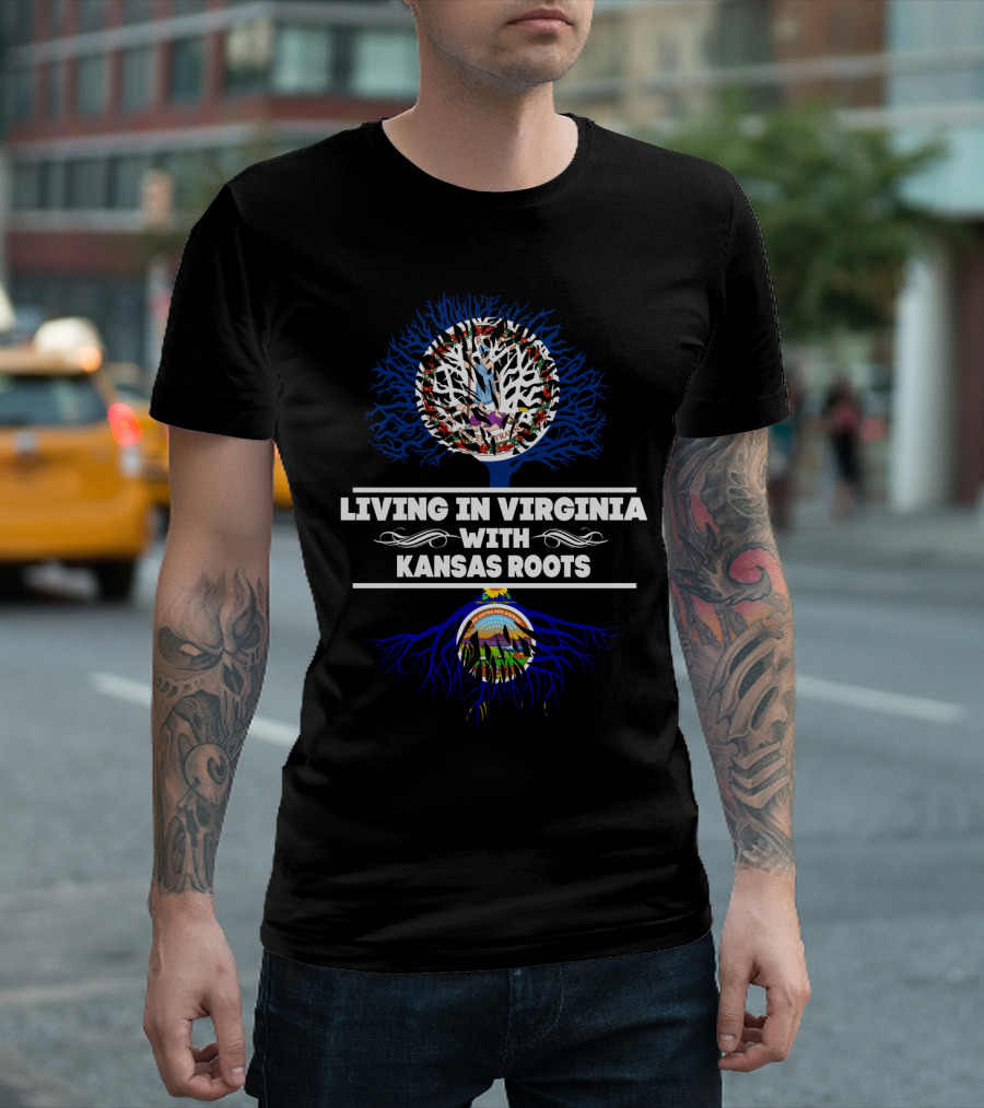 Living In Virginia With KANSAS Roots Virginia And Kansas Themed Tree Design Featuring State Flags T-Shirt