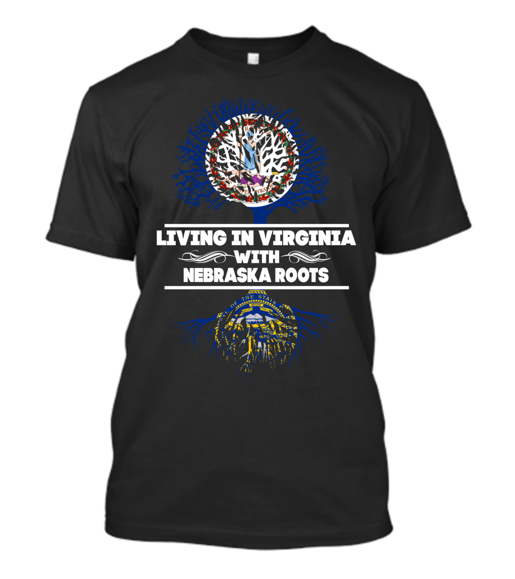 Living In Virginia With Nebraska Roots State Seal And Tree T-Shirt