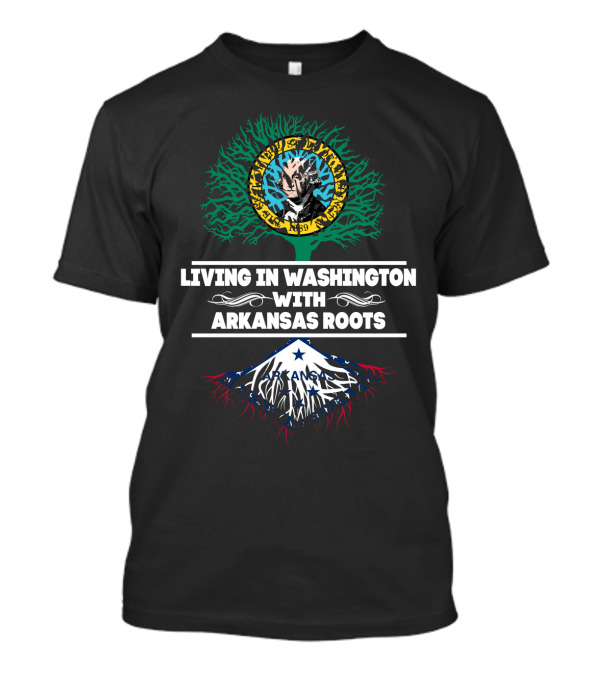Living In Washington With Arkansas Roots Tree Design With Mount Rainier And Flag Elements T-Shirt