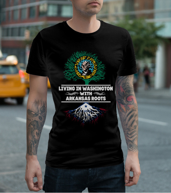 Living In Washington With Arkansas Roots Tree Design With Mount Rainier And Flag Elements T-Shirt
