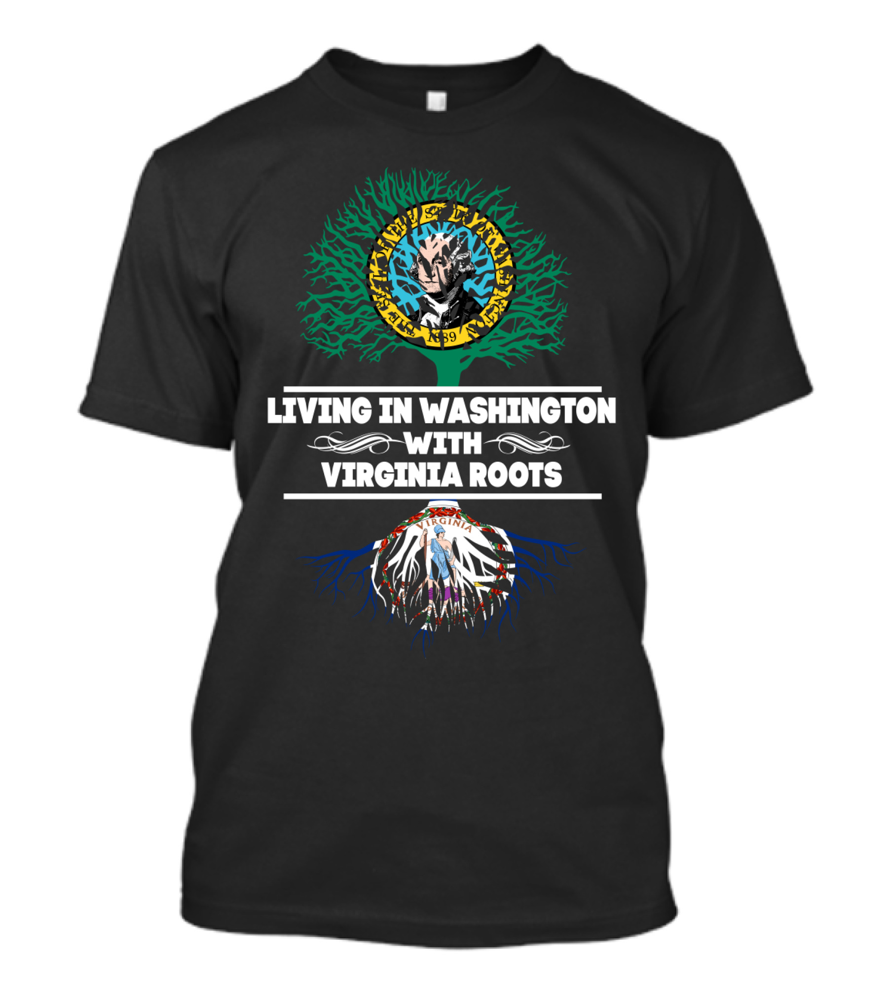 Living In Washington With Virginia Roots Featuring Virginia Tech Hokies And George Washington Seal T-Shirt