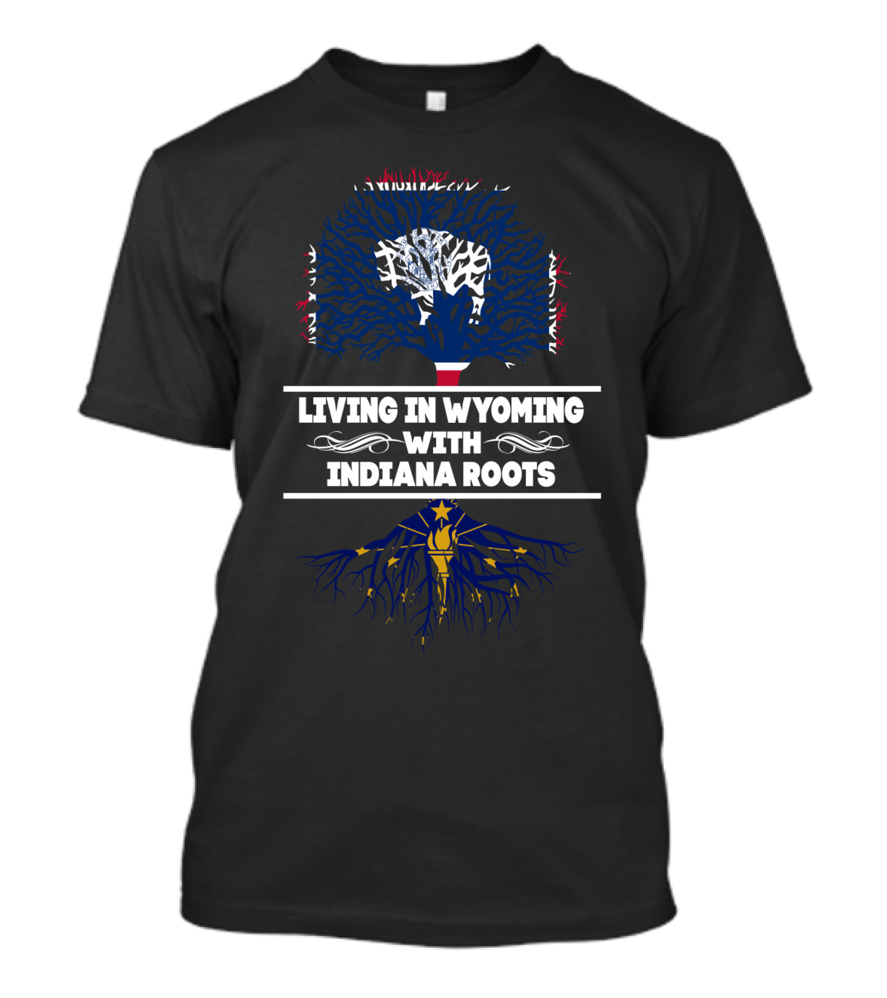 Living In Wyoming With Indiana Roots American Flag Tree Heritage And Indiana State Flag Roots T-Shirt