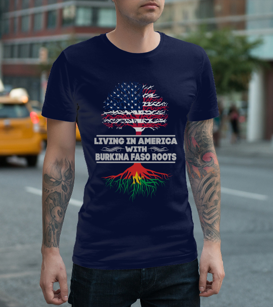 Living In America With Burkina Faso Roots USA Flag Tree T-Shirt