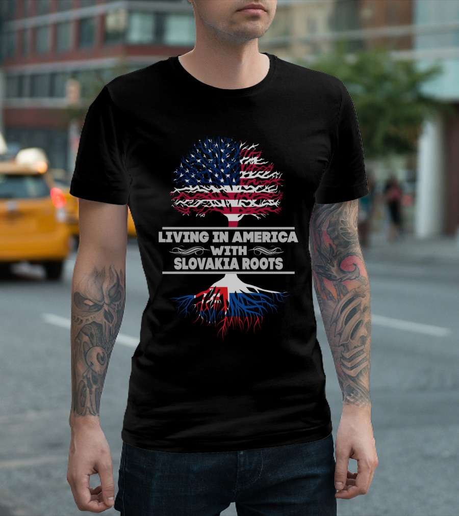 LIVING IN AMERICA WITH SLOVAKIA ROOTS American Flag Tree T-Shirt