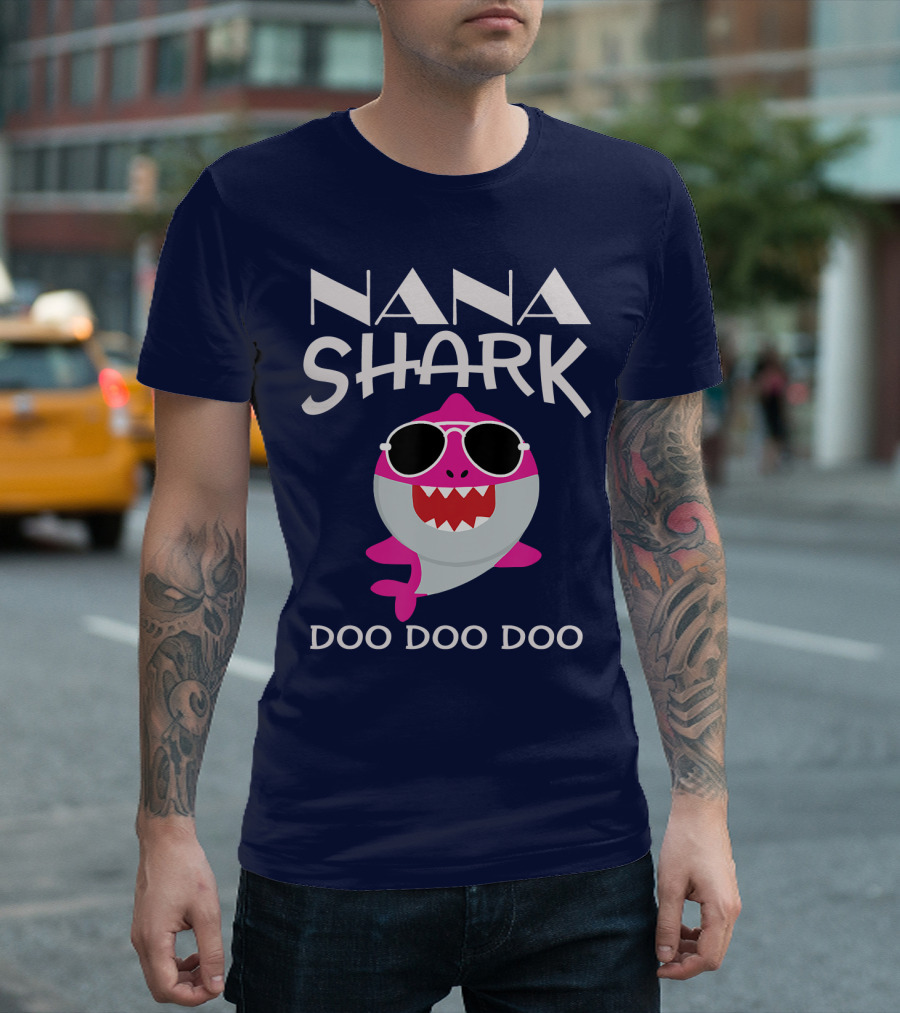 Nana Shark Doo Doo Doo Sunglasses Pink Cartoon T-Shirt