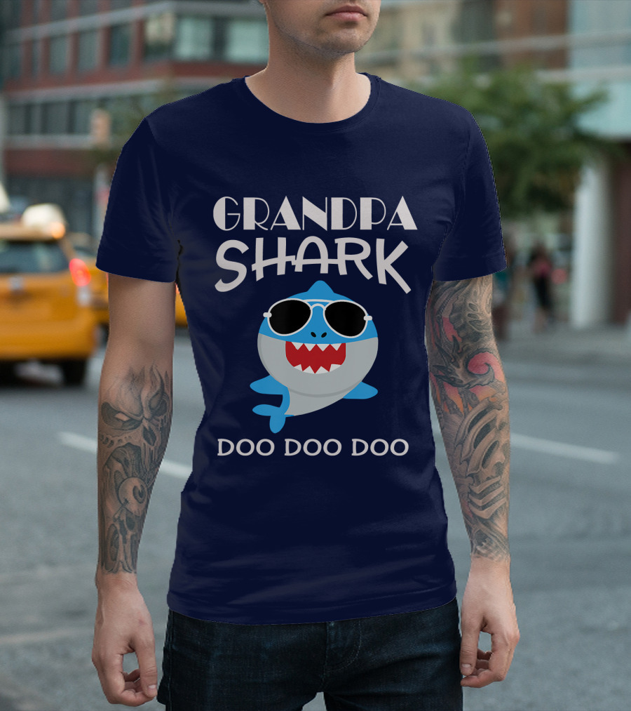 Grandpa Shark Doo Doo Doo Cool Sunglass-Wearing Blue Shark T-Shirt