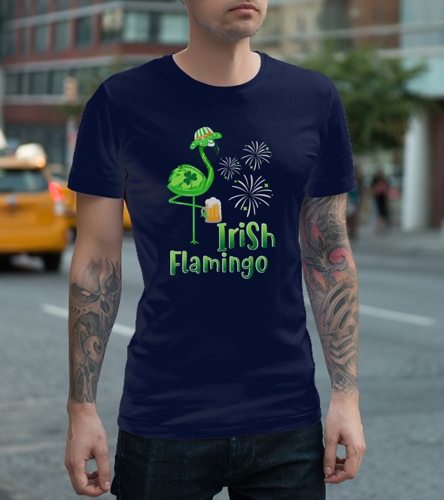 Irish Flamingo Drinking Beer St Patricks Day Shamrock Fireworks T-Shirt