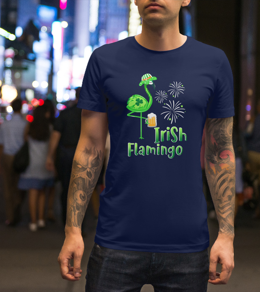 Irish Flamingo Drinking Beer St Patricks Day Shamrock Fireworks T-Shirt